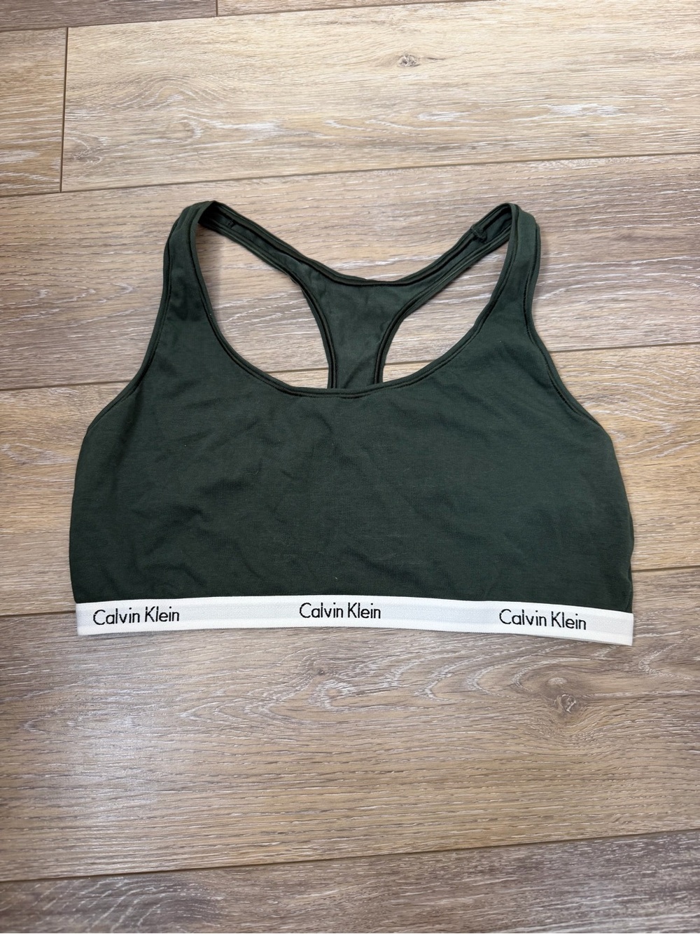 Calvin Klein Olive Green Racerback Bralette with White Logo Band Sz L